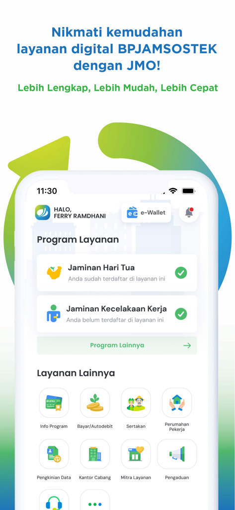 Tela inicial do aplicativo JMO Jamsostek Mobile mostrando os programas de serviço BPJS Ketenagakerjaan