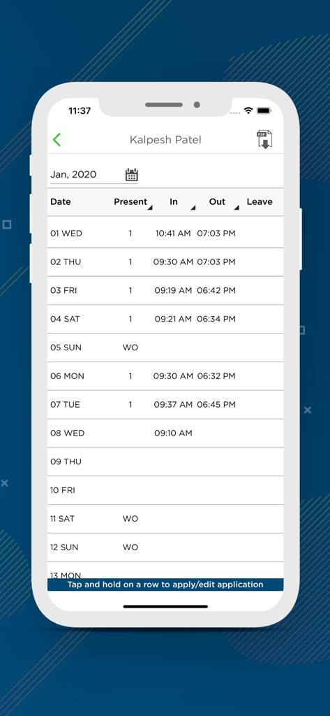 Spectra Biot App - Spectra Biot mobile app screen showing a detailed monthly employee attendance and time log.