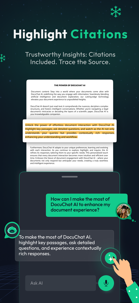 Chat PDF AI DocuChatアプリのインターフェース。AI会話中にドキュメント内の引用を強調表示します。