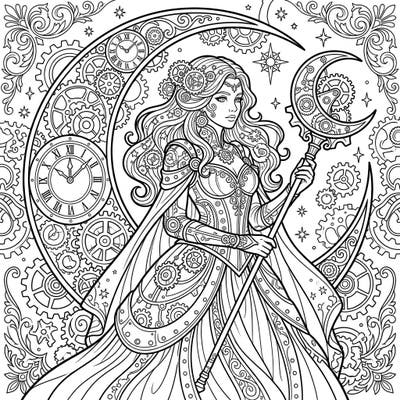 Step into a world where celestial power meets industrial wonder with this captivating Steampunk Moon Goddess coloring page. Discover intricate gears, elegant clockwork, and mystical lunar elements awaiting your creative touch.