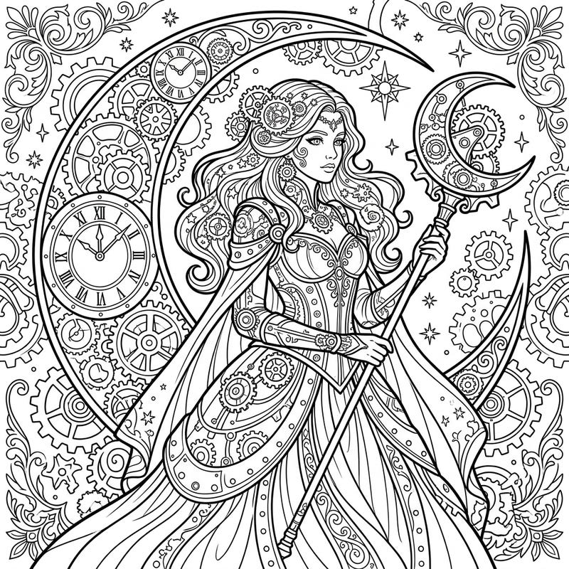 Step into a world where celestial power meets industrial wonder with this captivating Steampunk Moon Goddess coloring page. Discover intricate gears, elegant clockwork, and mystical lunar elements awaiting your creative touch.