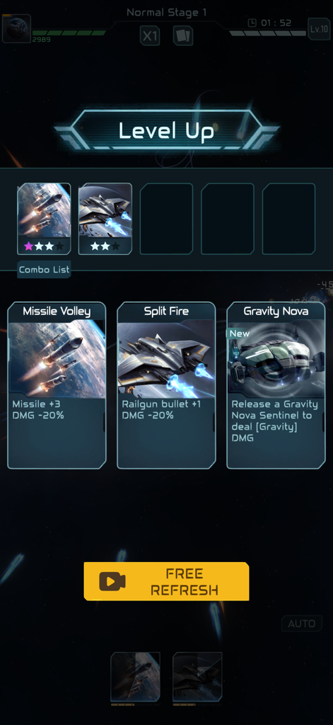Planet Defense: Space TD game - Schermata di potenziamento nel gioco Planet Defense con carte di potenziamento strategiche per il combattimento spaziale