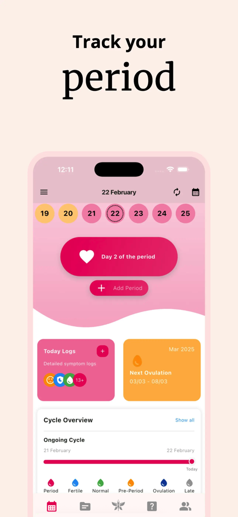 Rise, Period Tracker, Calendar - Rise app dashboard displaying period tracking and cycle overview