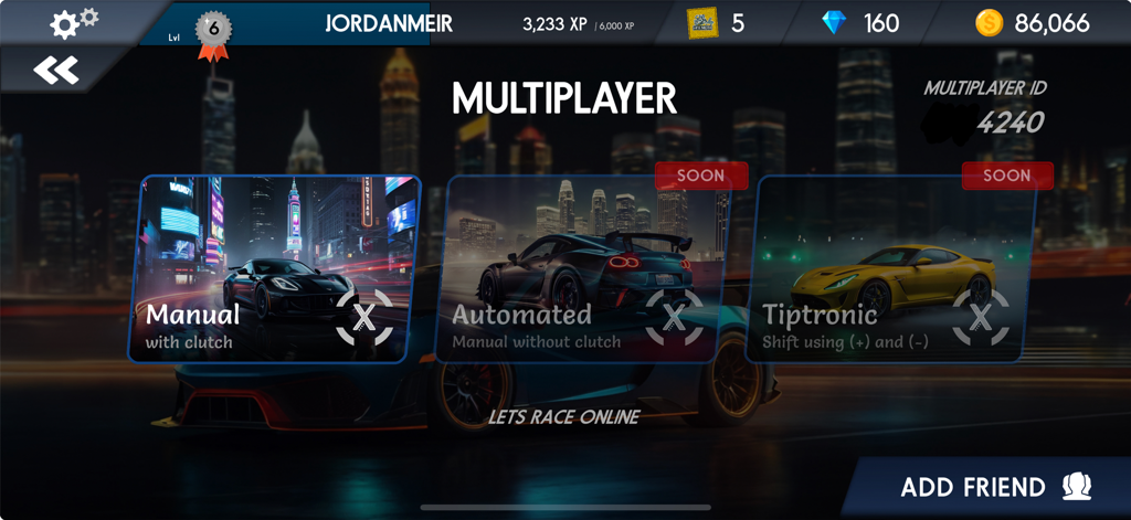 Car Manual Shift 4 - Multiplayer mode selection screen in Car Manual Shift 4 showing manual automated and tiptronic gear options