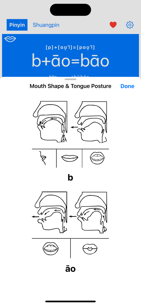ピンイン - 中国語の発音アプリにおける中国語ピンイン音の口の形と舌の位置の図。