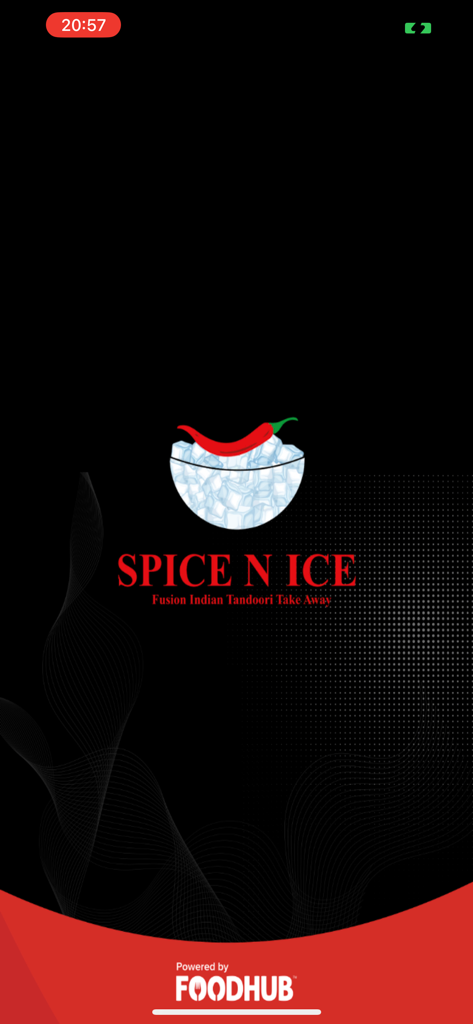 Spice N Ice - Larbart - Pantalla de inicio de la aplicación Spice N Ice con un logo que presenta un chile rojo sobre un tazón de cubitos de hielo y el lema Fusion Indian Tandoori Take Away.