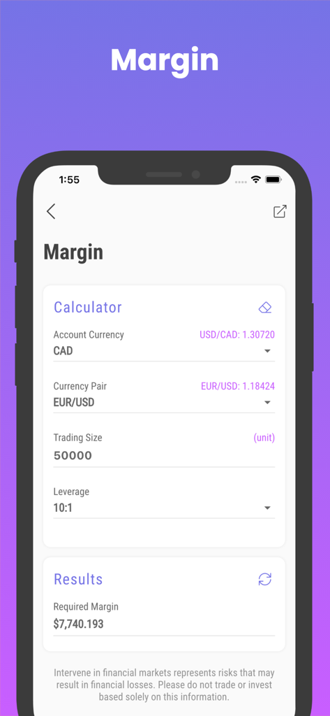 Eine mobile Benutzeroberfläche zur Berechnung der Handelsmarge in der FX Calculators-App, die das Währungspaar und die erforderlichen Margenergebnisse anzeigt.