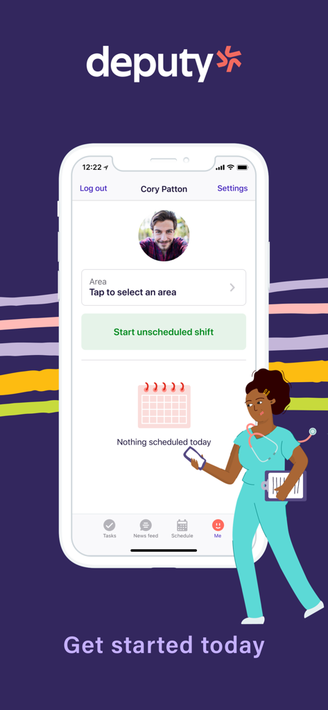 Deputy Kiosk app interface showing an employee profile and the option to start an unscheduled shift with a healthcare worker illustration