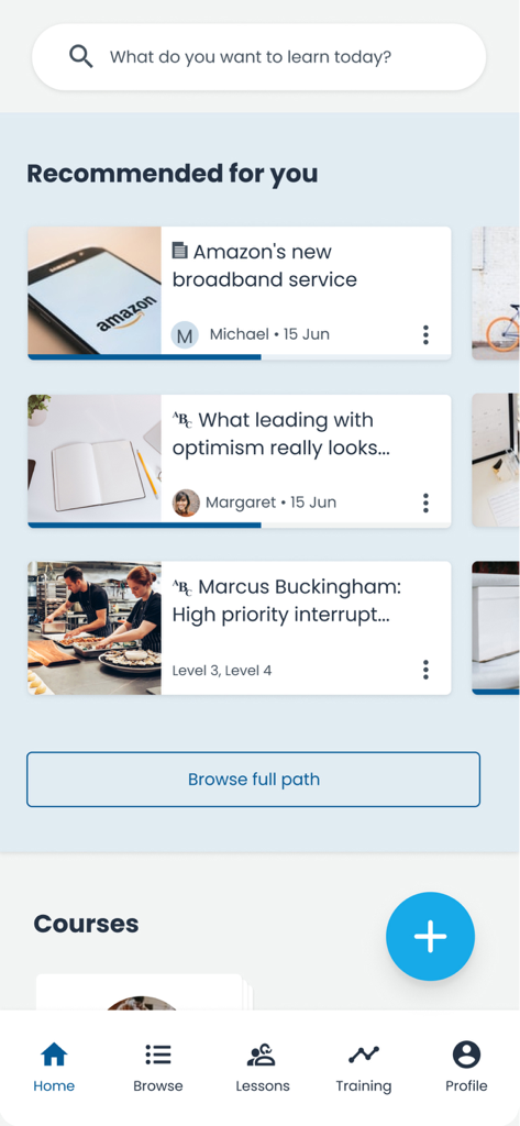 Pantalla de inicio de la aplicación goFLUENT que muestra contenido recomendado de aprendizaje de idiomas profesionales y artículos de negocios