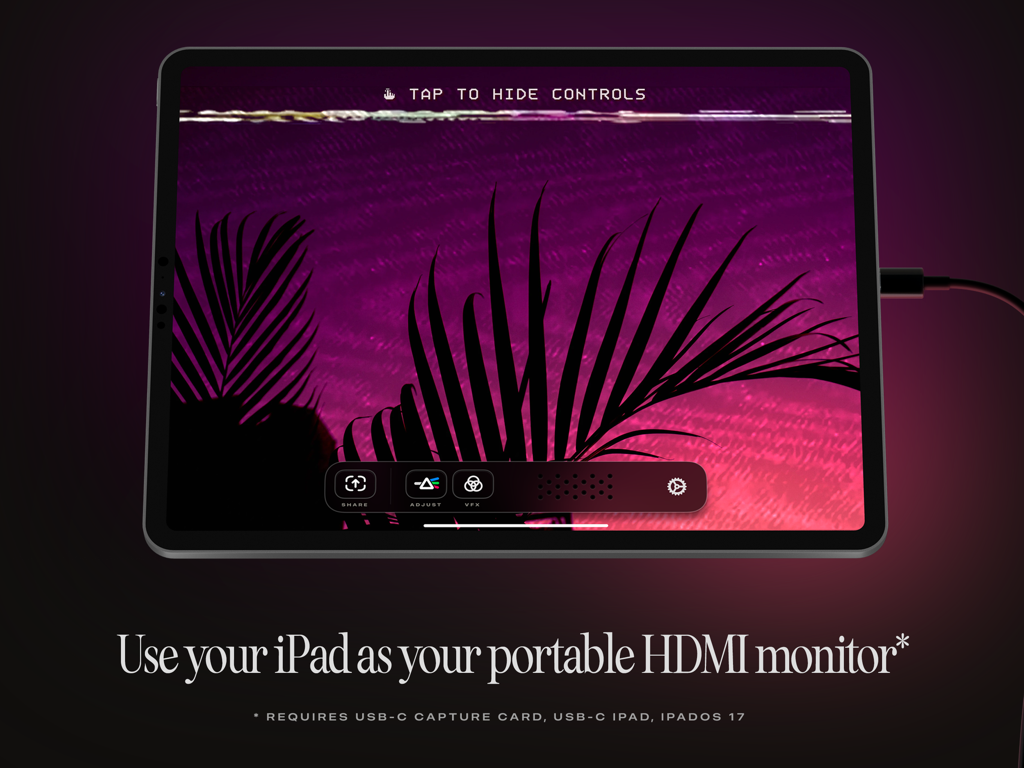 Ein iPad, das eine violette Landschaft anzeigt, während es mit der Orion-App als tragbarer HDMI-Monitor verwendet wird.