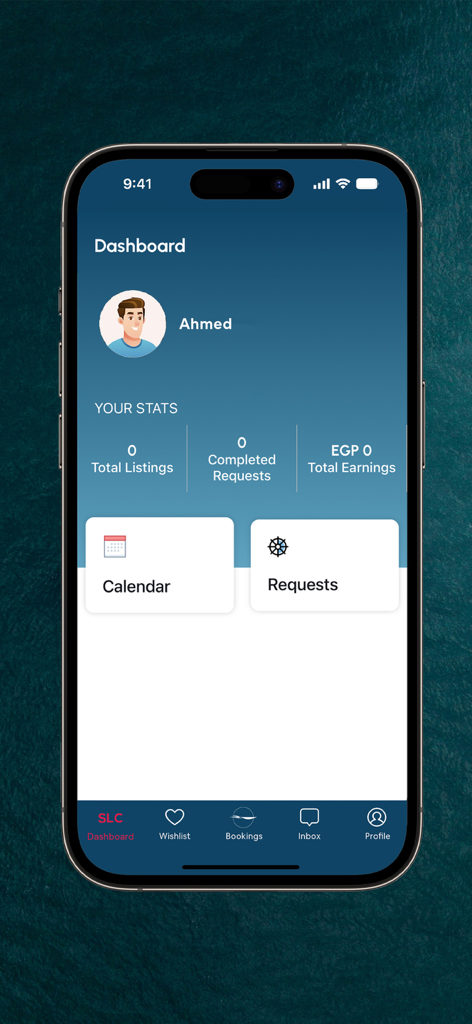 Sea Life Connect - Dashboard screen of the Sea Life Connect app showing user statistics for boat listings and earnings