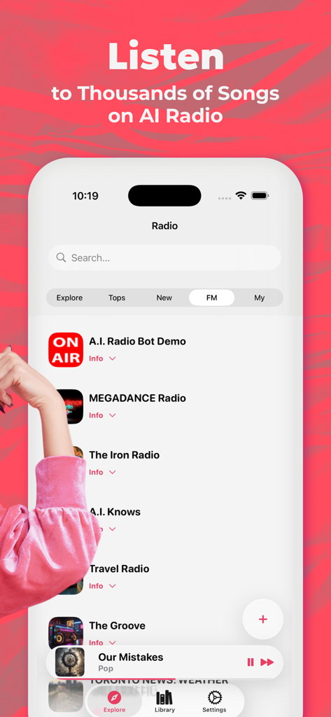 Pantalla de smartphone que muestra la función de radio con IA de Tubidy FM Music Player con varias estaciones listadas