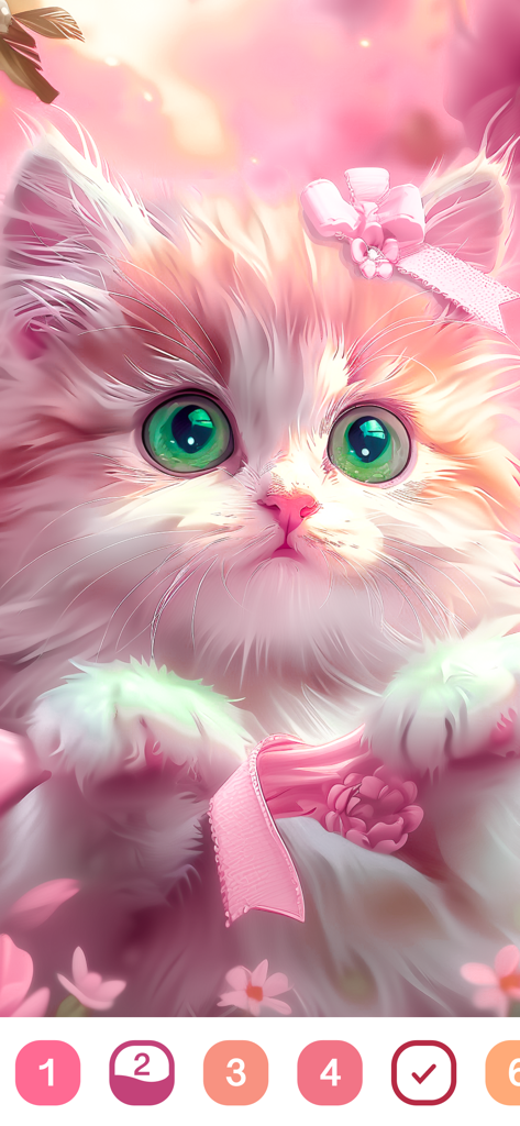 Cute Color - Color by Number - An adorable pink kitten with big green eyes in a color by number mobile game interface