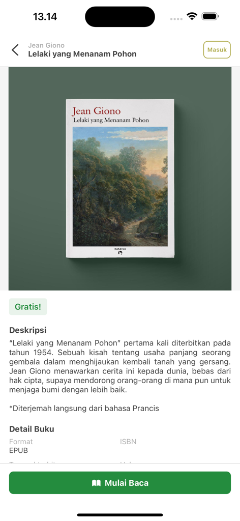 Baca Kakatua - Ebook detail page for Lelaki yang Menanam Pohon in the Baca Kakatua app featuring a description and start reading button.