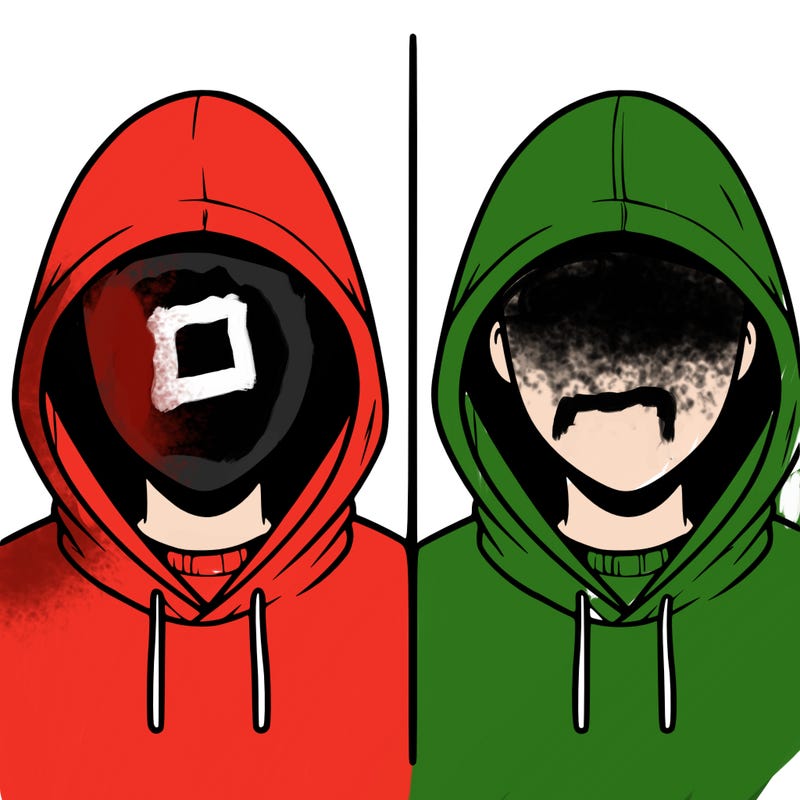 a person with a hoodie and no face, the drawing is split in 2