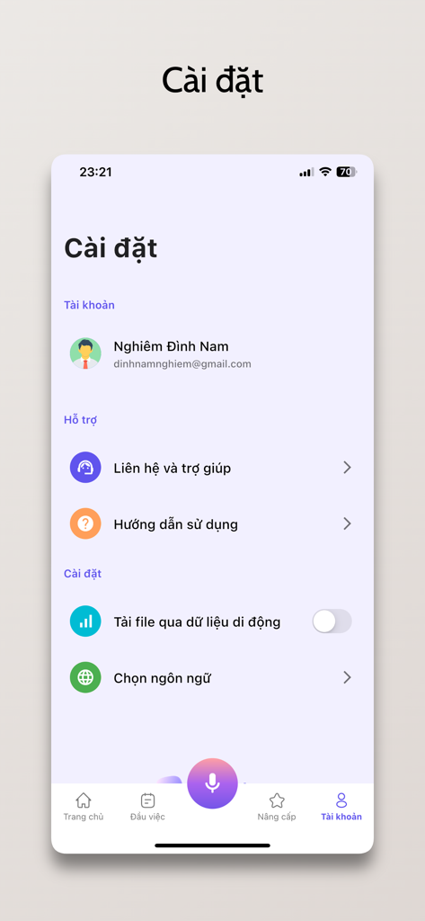 memobot - Memobot app settings screen showing user account details and configuration options