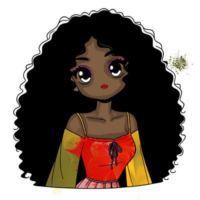 a black anime girl with long afro hair