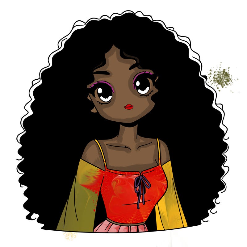 a black anime girl with long afro hair