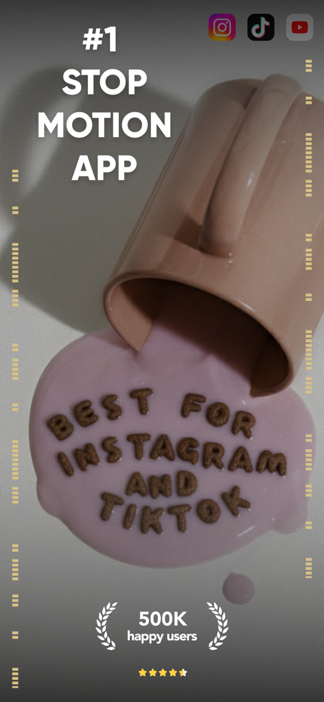 Tela promocional do aplicativo AnyMotion apresentando texto escrito em líquido rosa derramado, destacando-o como o melhor aplicativo de stop motion para Instagram e TikTok.