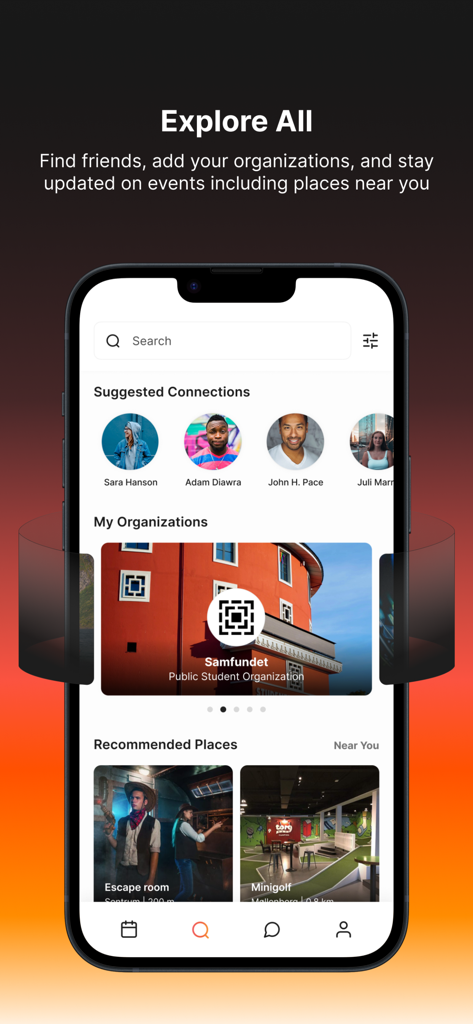 Connect App - Events Nearby - Explore screen of the Connect App showing suggested connections organizations and recommended local places like escape rooms and minigolf