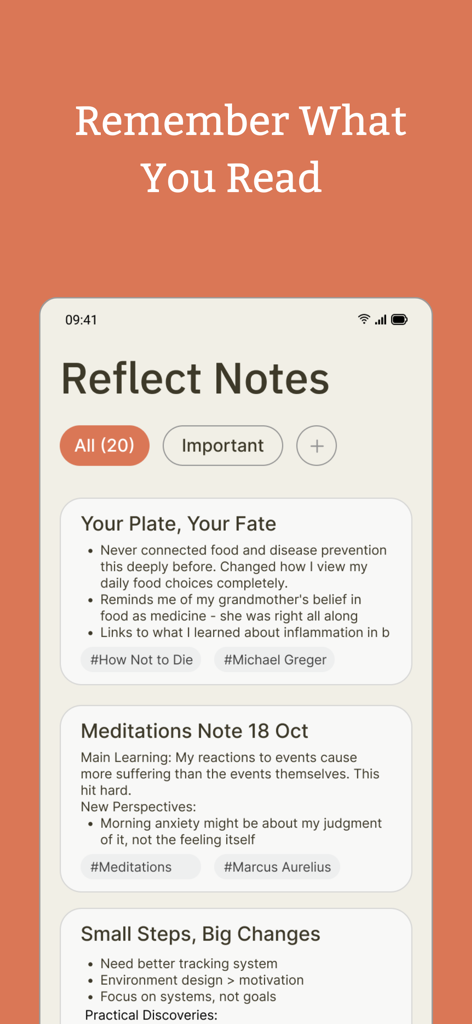 2Read: AI Kindle Reading Buddy - La pantalla de la aplicación 2Read que muestra una lista curada de notas de reflexión de libros e ideas para el crecimiento personal.
