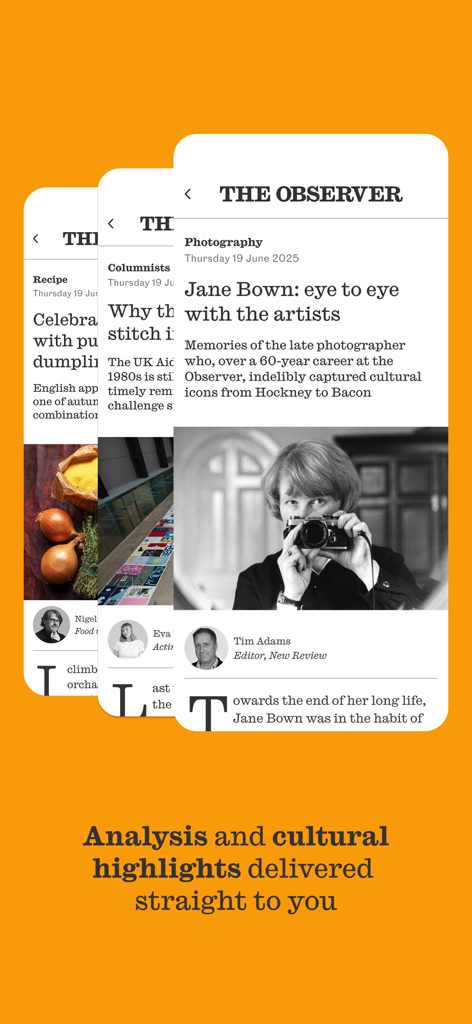 The Observer app interface featuring articles about photography, recipes, and culture highlights.