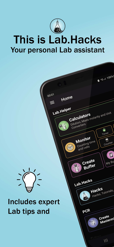 Lab.Hacks - Lab Hacks app home screen showing laboratory calculators and tools