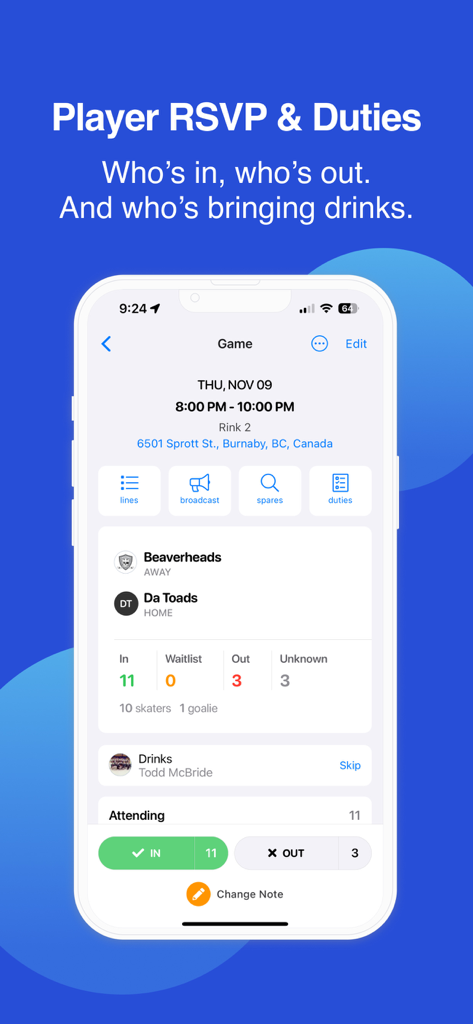 BenchApp - Sports Team Manager - BenchApp screen showing player RSVP attendance status and game duties.