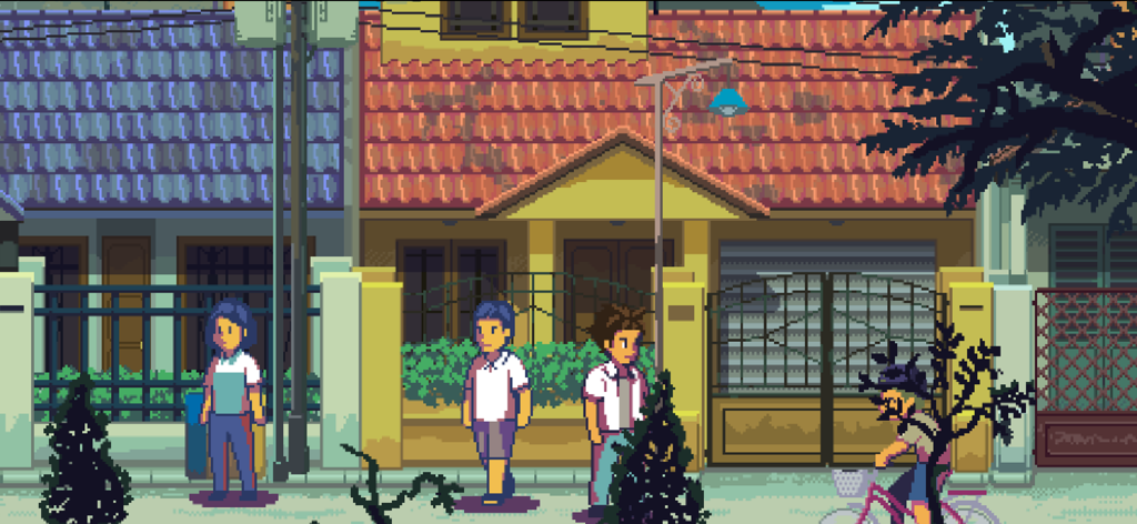 Pixel art of characters walking through a 90s Indonesian street