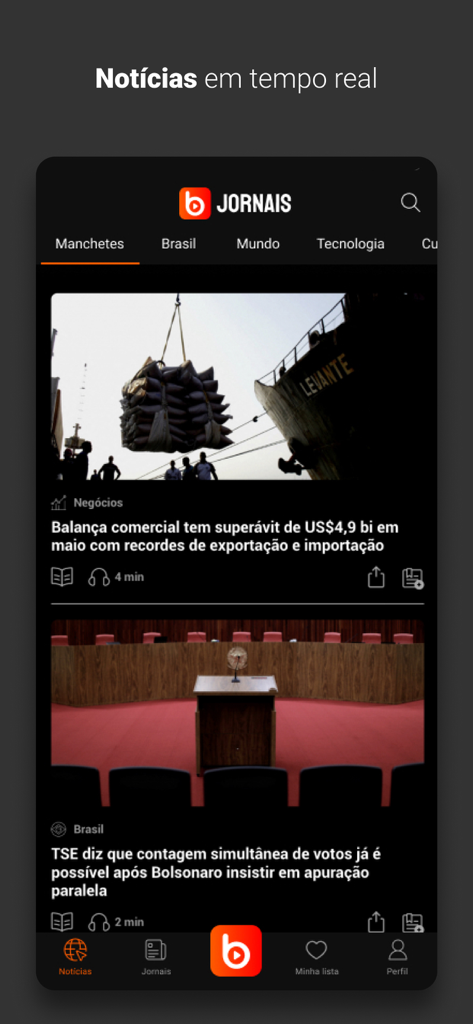 Ubook Jornais - Interface of the Ubook Jornais app showing a real-time Brazilian news feed with options to read text or listen to professional audio narration.