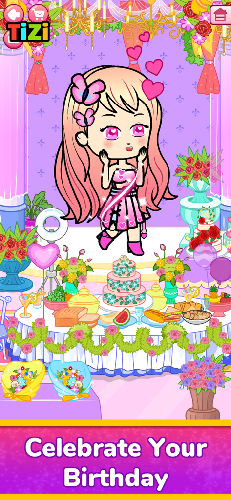 Menina chibi de anime celebrando uma festa de aniversário com bolo e flores em Tizi Town