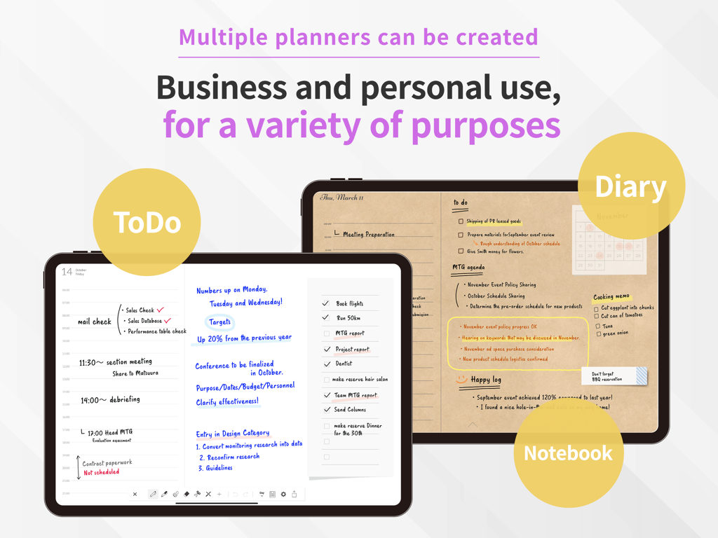 Planner for iPad - 할 일 목록, 일기, 공책을 위한 다재다능한 디지털 플래너 레이아웃을 보여주는 두 대의 iPad