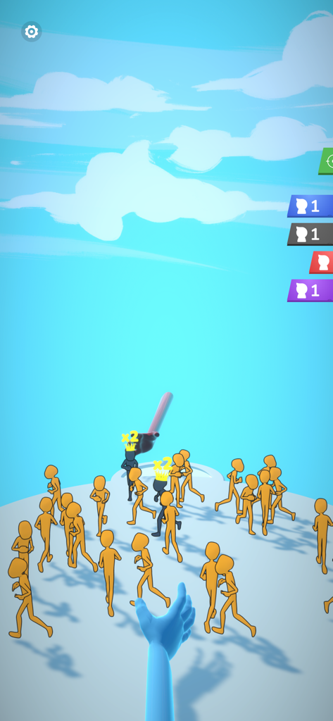 Grab and Throw - First person view of a blue hand reaching to grab orange characters on a platform in the sky