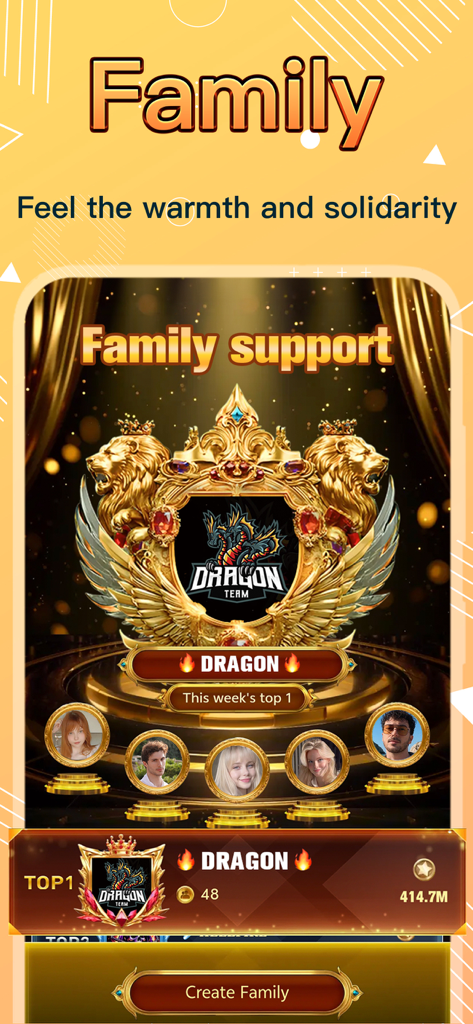 Haza app Family feature screen showing group rankings and team solidarity.