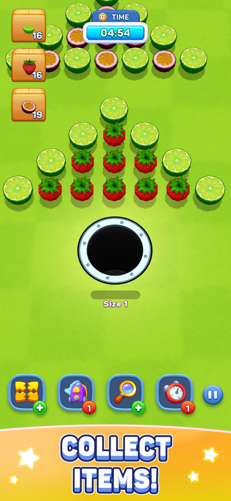 Hole Eats All - A black hole swallowing sliced fruits like limes and strawberries in the Hole Eats All mobile game