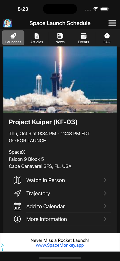 Space Launch Schedule - SpaceX Falcon 9ミッションの詳細を表示するSpace Launch Scheduleアプリのインターフェース。