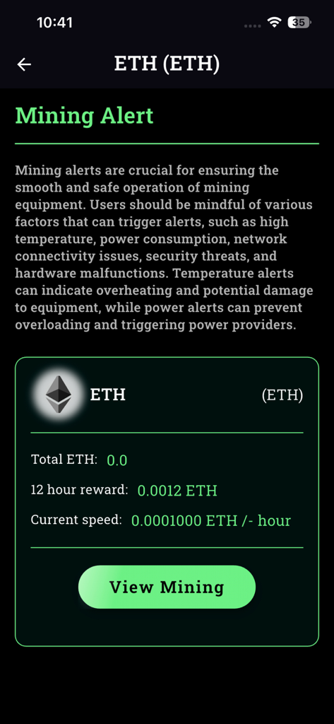 Ein Bildschirm aus der Bitpro-App, der Ethereum-Mining-Statistiken anzeigt, einschließlich Gesamtguthaben und Belohnungen, mit einer Schaltfläche zum Anzeigen des Minings.