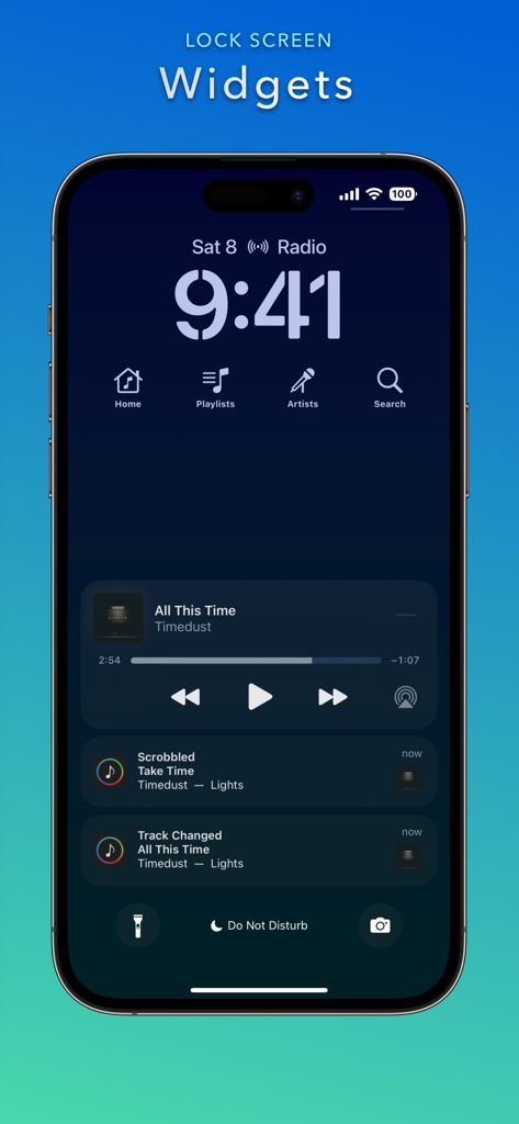 Marvis Pro - iPhone lock screen displaying Marvis Pro music widgets for home, playlists, artists, and search with a music player control