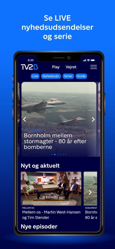 Interface of the TV2 Bornholm mobile app showing live news broadcasts and documentary series