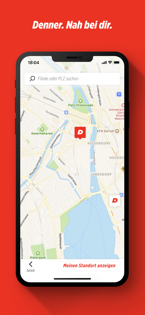 Denner – Aktionen und Weinshop - Denner app store finder showing supermarket locations on a map of Zurich