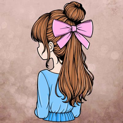 realistic girl  with hip length hair a bun and a big bow on the back of head