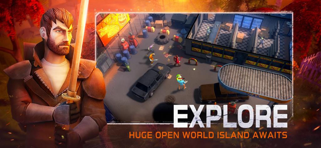 Un personnage tenant une épée lumineuse surplombant une vue plongeante d'une station-service post-apocalyptique dans DYSMANTLE.