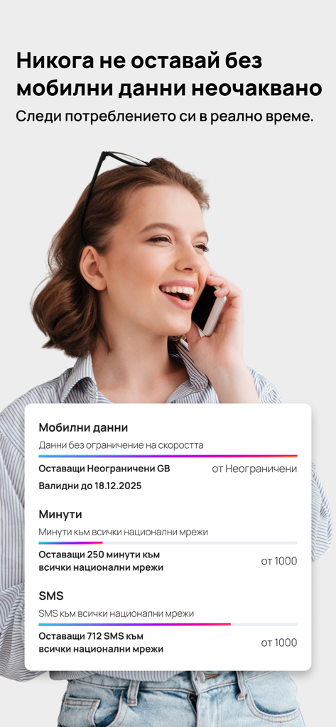 My VIVACOM - Interface of the My VIVACOM app showing real-time mobile data minutes and SMS consumption tracking