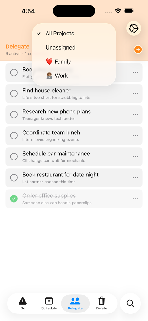 (nothing) To Do - Minimalistische Aufgabenliste in der Kategorie 'Delegieren' der nothing To Do-App mit Projektfiltern und dem Eisenhower-Matrix-Layout.