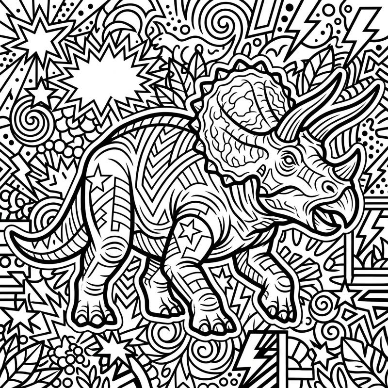 Get ready for a prehistoric party with this awesome Pop Art Triceratops coloring page! Kids will love bringing this dynamic dinosaur and its wild background to life with their favorite colors.