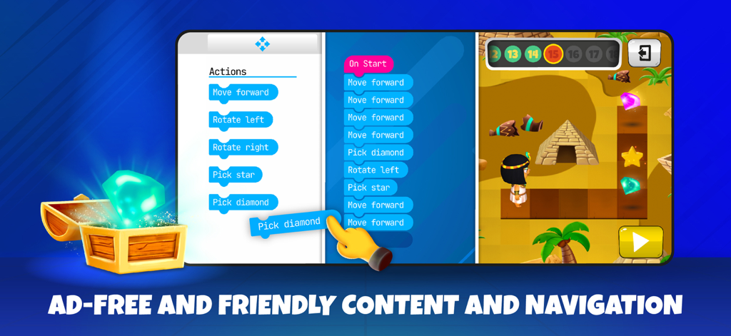 Code Teens: Coding for Kids - A visual block-based coding interface for kids showing drag and drop programming blocks and a game level.
