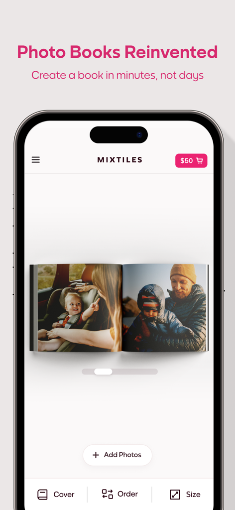 Mixtiles · Tiles & Photo Books - Mixtiles mobile app interface showing a preview of a personalized photo book with family pictures.