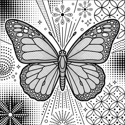 Discover the mesmerizing blend of delicate dot work and bold Pop Art style in this unique butterfly coloring page. It's an engaging template designed to spark creativity and offer a truly distinctive coloring experience.