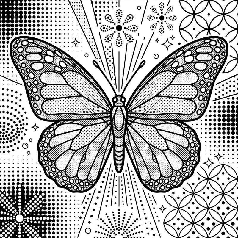 Discover the mesmerizing blend of delicate dot work and bold Pop Art style in this unique butterfly coloring page. It's an engaging template designed to spark creativity and offer a truly distinctive coloring experience.