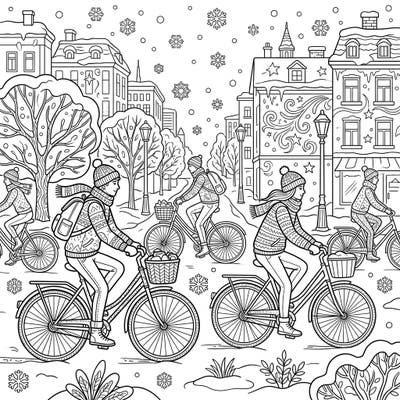 Ride through a picturesque winter city alongside determined urban cyclists in this charming coloring page. Bring the frosty charm of a snowy urban landscape to life with your favorite colors.